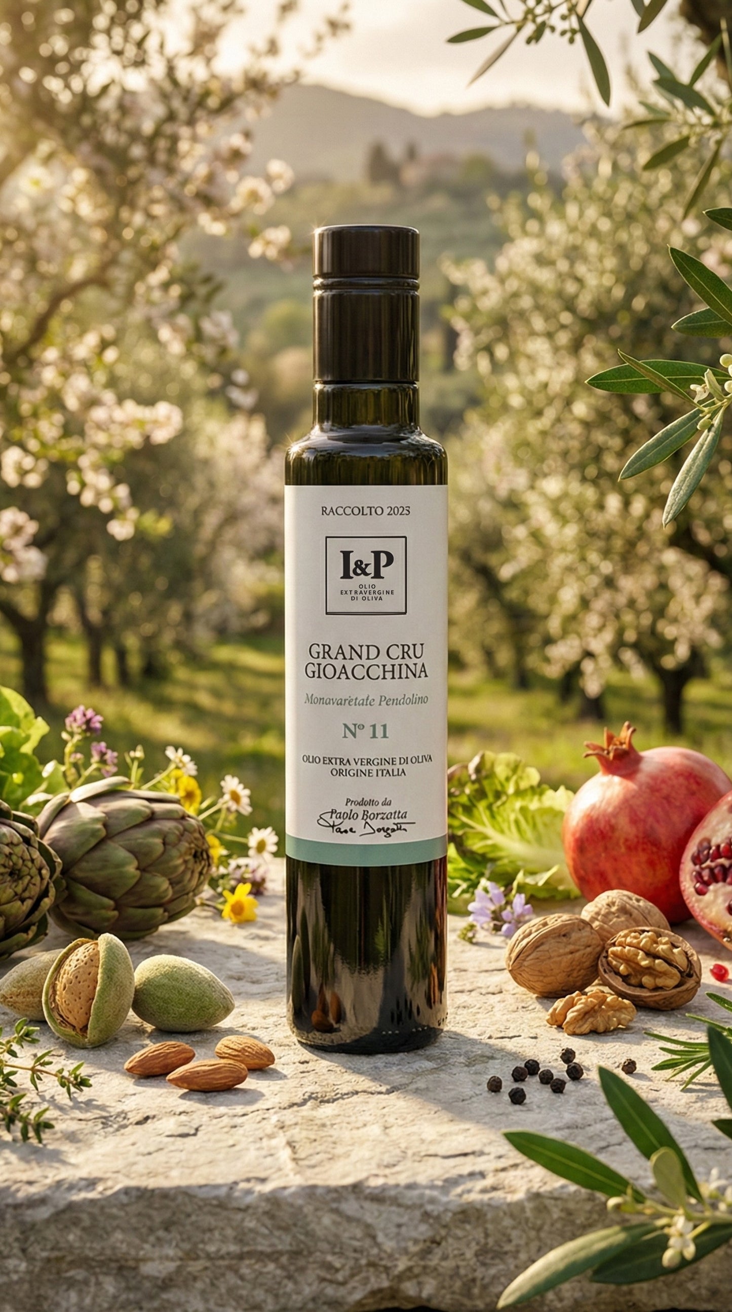 Olio extravergine Pendolino Grand Cru Gioacchina aroma melograno bottiglia vetro nero