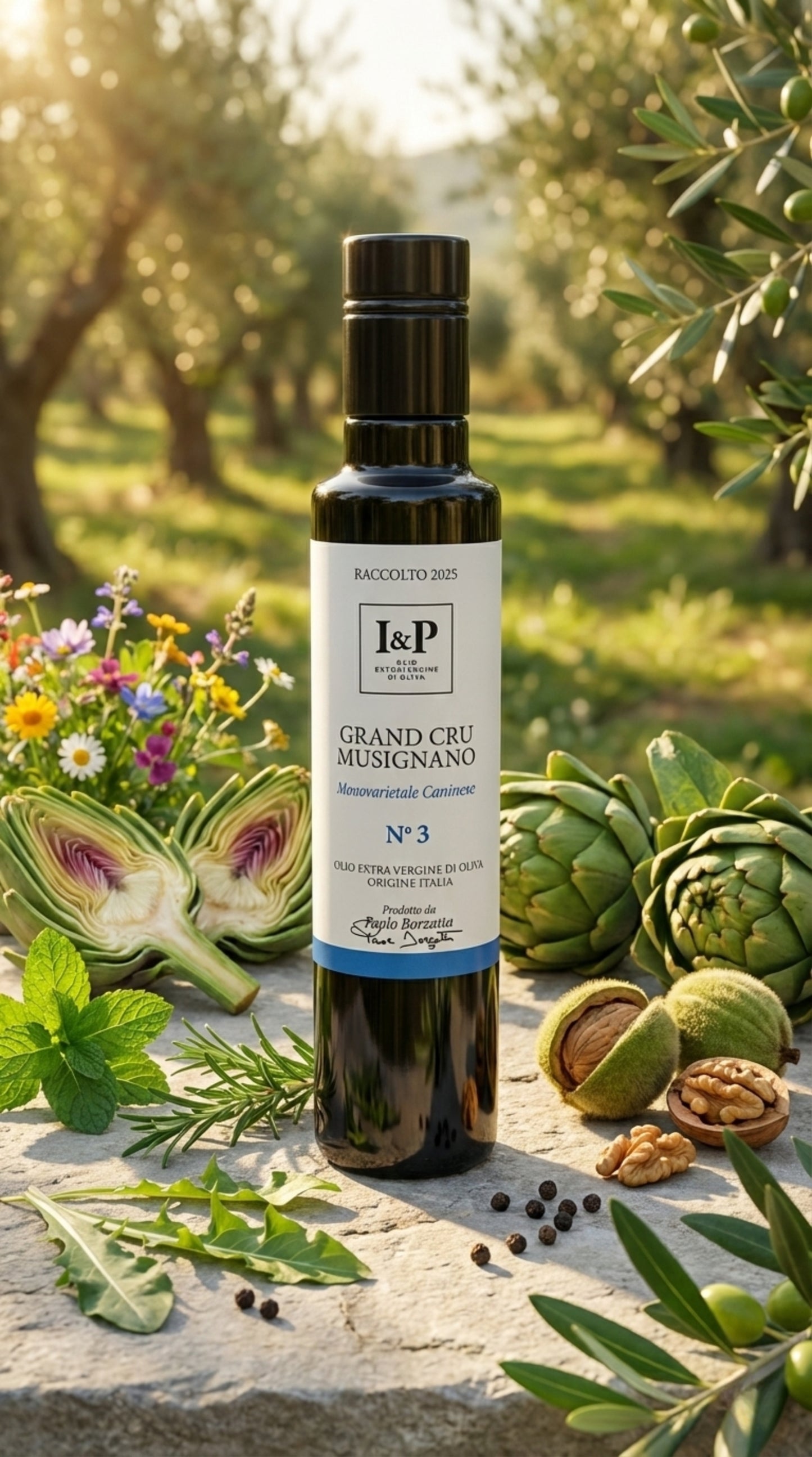 Olio extravergine Caninese Grand Cru Musignano sapore cicoria e pepe bottiglia vetro nero