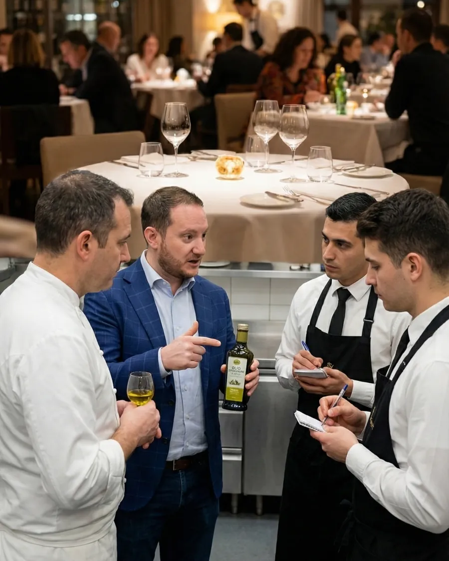 Dario Masciaga spiega l'olio a chef e camerieri in un ristorante