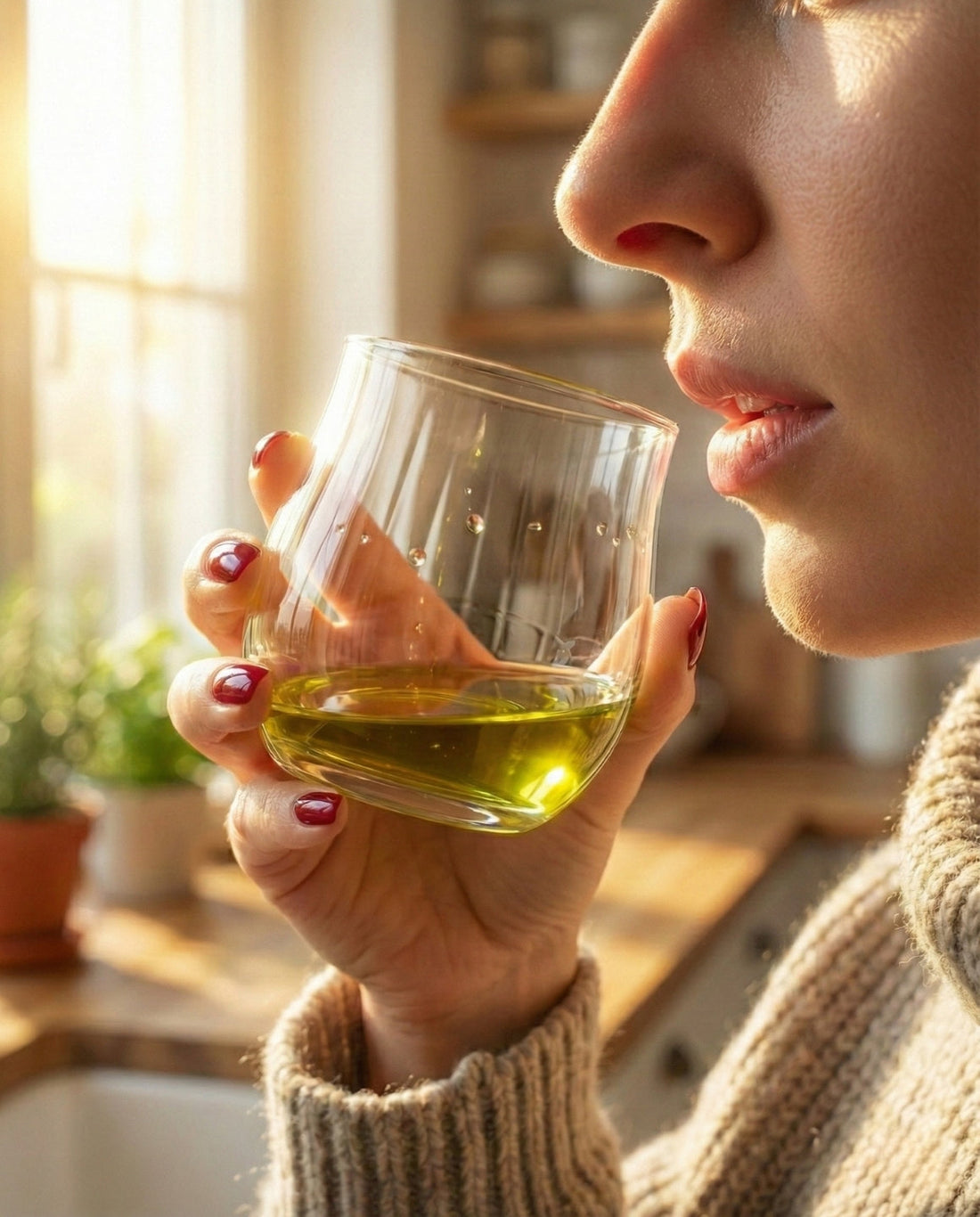 Dettaglio macro di una donna che esegue lo strippaggio durante l'assaggio di olio extravergine di oliva in un bicchiere a tulipano, per valutare amaro e piccante.