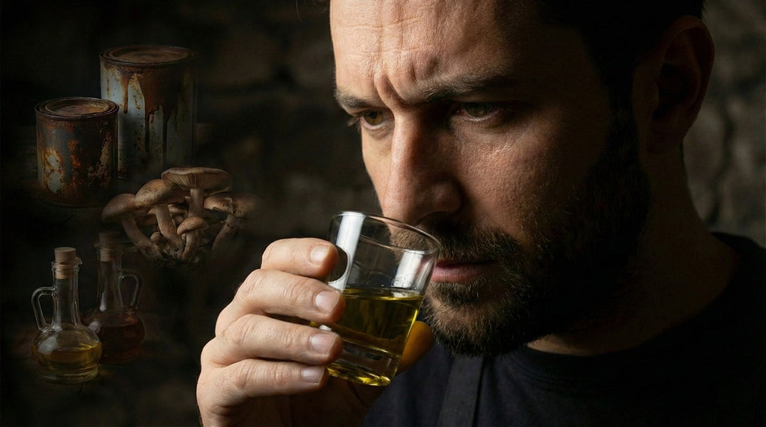 Esperto assaggiatore che annusa l'olio per individuare i difetti olfattivi come muffa, rancido e avvinato