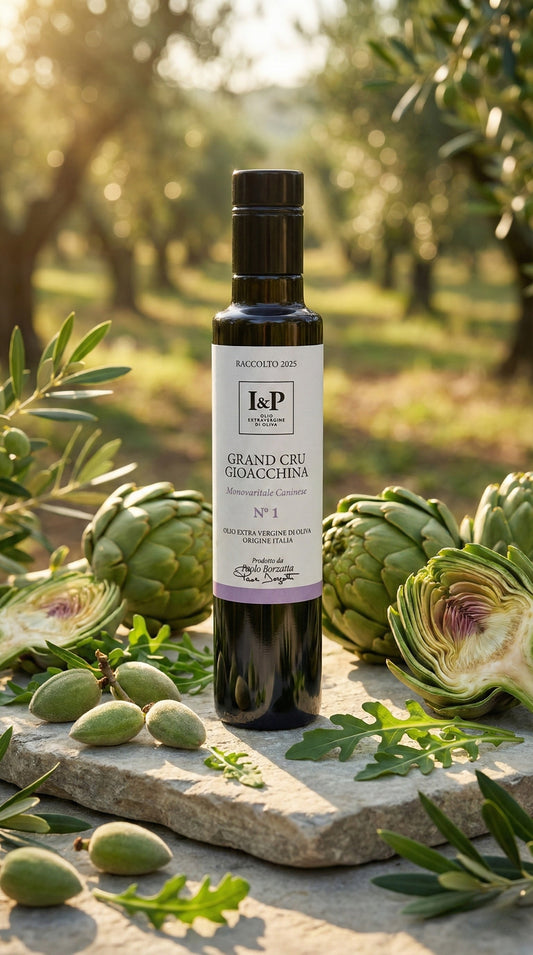 Olio extravergine monocultivar Caninese Grand Cru Gioacchina bottiglia vetro nero
