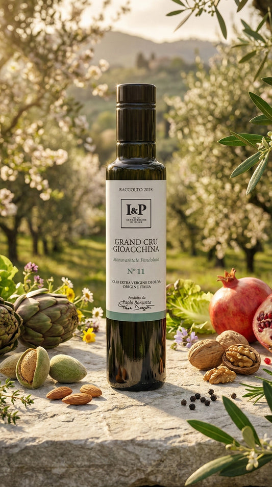 Olio extravergine Pendolino Grand Cru Gioacchina aroma melograno bottiglia vetro nero