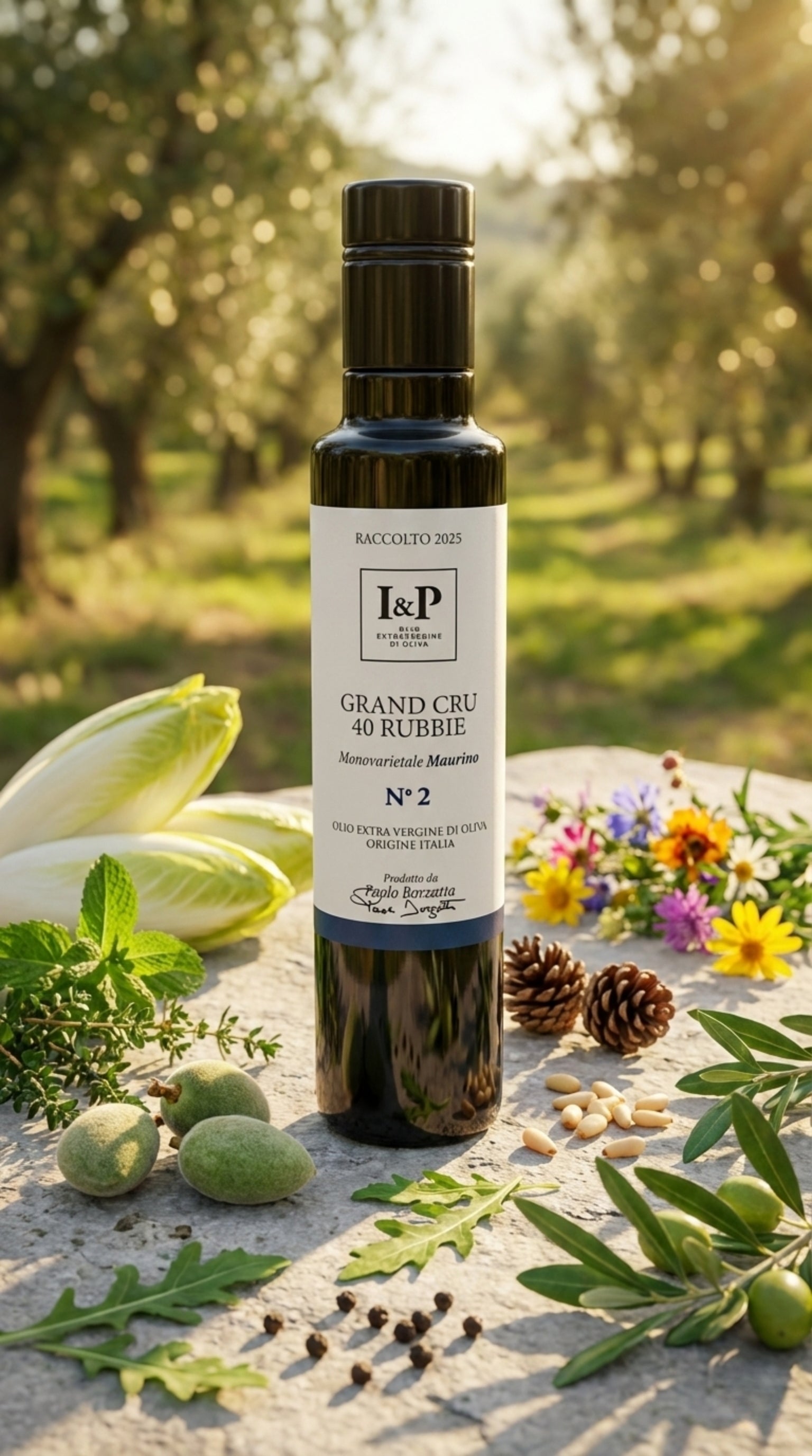 Olio extravergine monocultivar Maurino Grand Cru 40 Rubbie sentori floreali bottiglia vetro nero