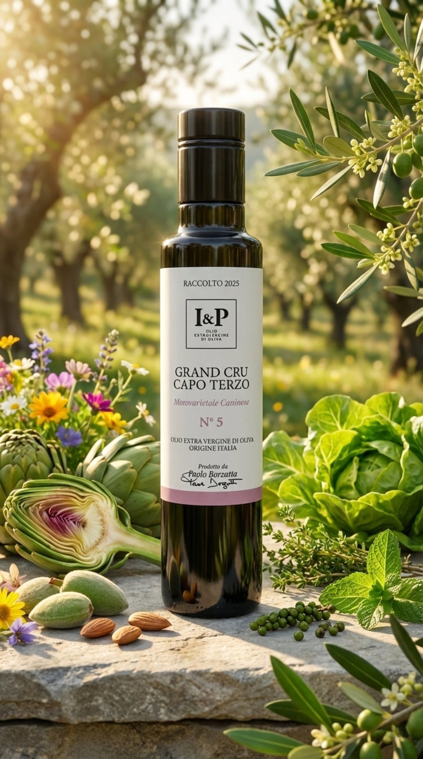 Olio extravergine Caninese Grand Cru Capo Terzo profumo di timo e fiori bottiglia vetro nero