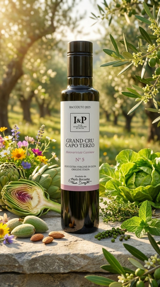 Olio extravergine Caninese Grand Cru Capo Terzo profumo di timo e fiori bottiglia vetro nero
