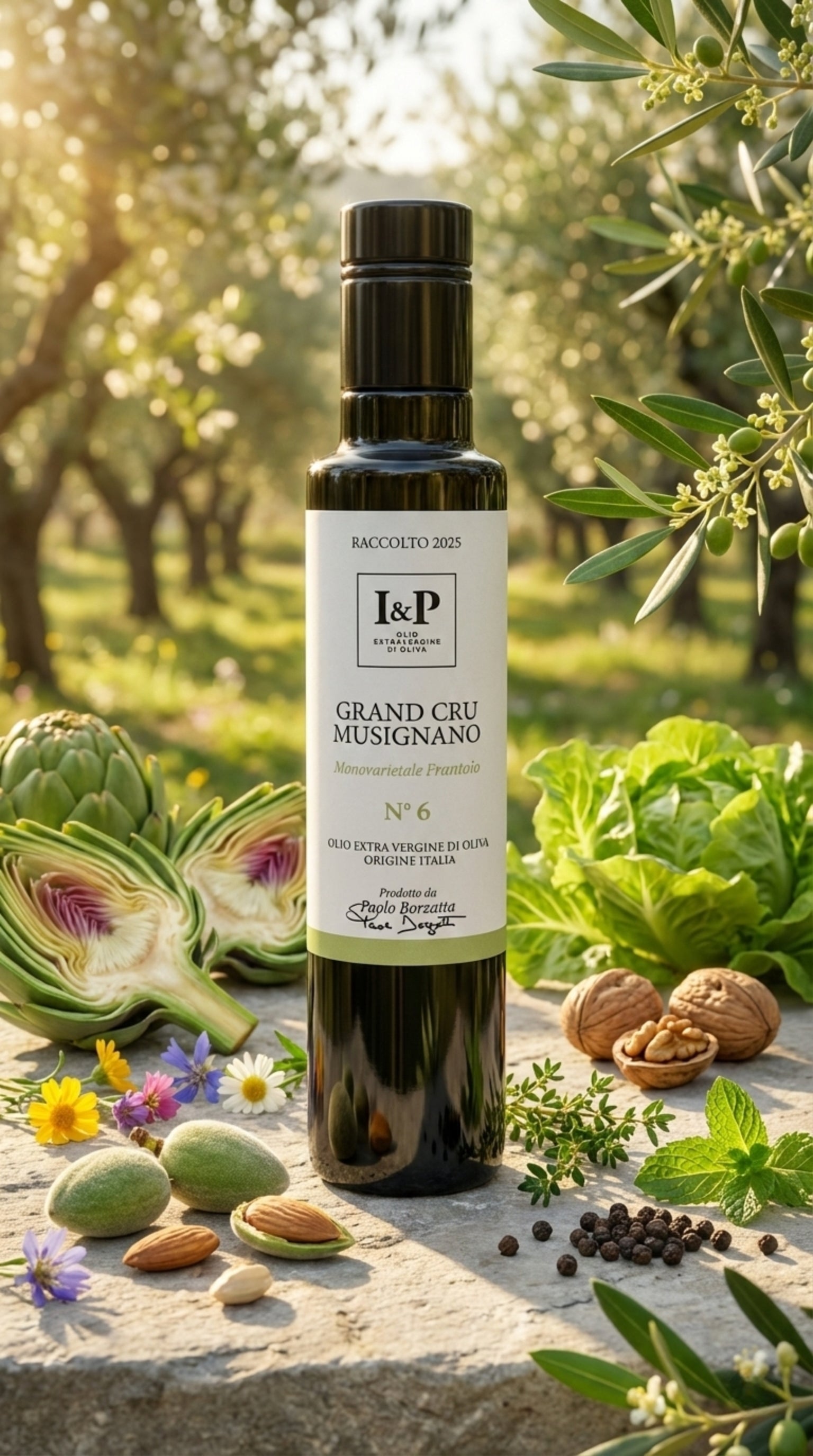 Olio extravergine Frantoio Grand Cru Musignano alto contenuto polifenoli bottiglia vetro nero